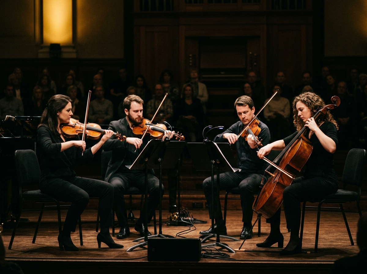 A modern string quartet performing in a warm, dramatic studio setting